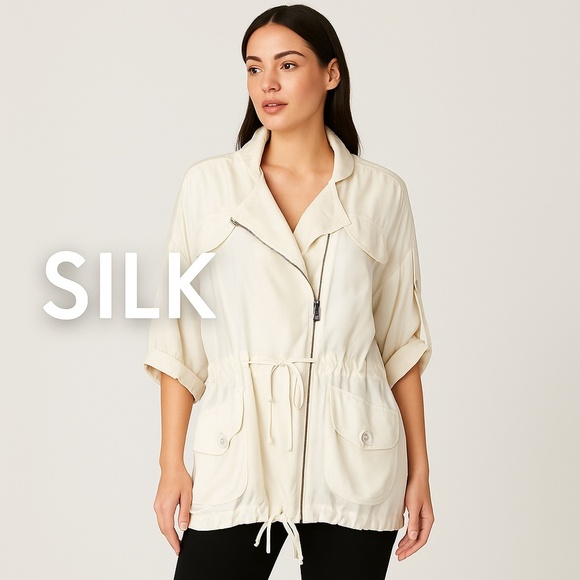 CATHERINE MELANDRINO White 100% Silk Utility Jacket Quiet Luxury Plus Size 14 - Picture 1 of 16